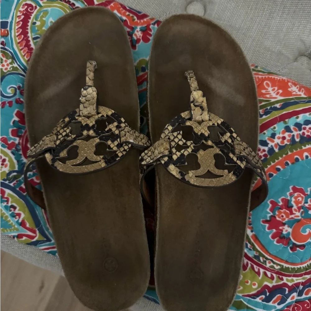 Tory Burch Tan and Black Snake-Print Miller Thong Sandals - Picture 1 of 1